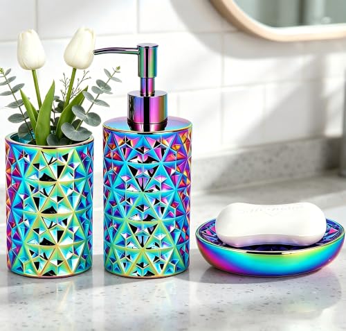 Rainbow Bathroom Accessories Set 3Pcs - Soap Dispenser, Soap Dish, Vase - Gold