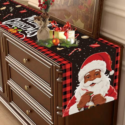 Christmas Table Runner Santa Claus-02 Red & Black Buffalo Plaid 13x72 Inches
