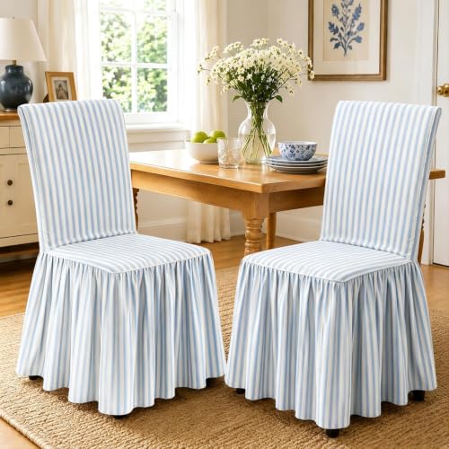 Set of 4 Blue Stripe Ruffled Dining Chair Covers - Cottage Style