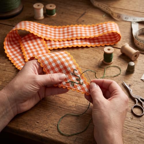 Orange White Plaid Wreath Sash for Front Door - Farmhouse Decor, 5x56 inches