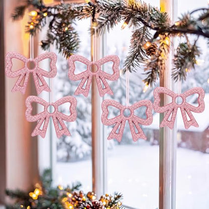 Large Pink Christmas Bow Ornaments Set - 12 Glitter Foam Decorations