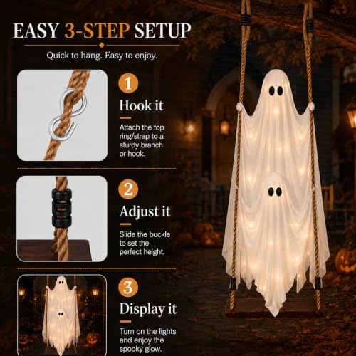 Outdoor Hanging Ghost Decorations, 5 FT Large Swinging Ghost Set for Halloween Yard