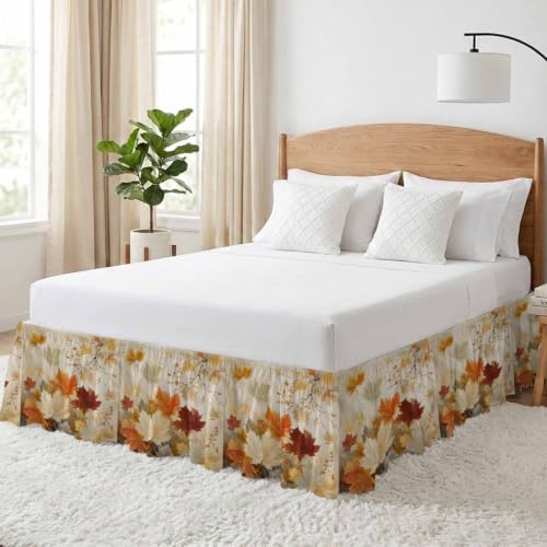 Queen Bed Skirt with Adjustable Elastic Fit Fall Maple Leaves Ruffle 16 Inch Drop
