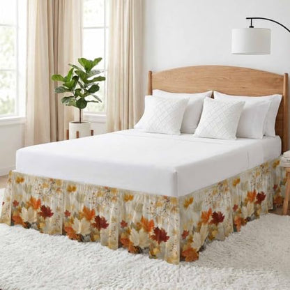 Queen Bed Skirt with Adjustable Elastic Fit Fall Maple Leaves Ruffle 16 Inch Drop