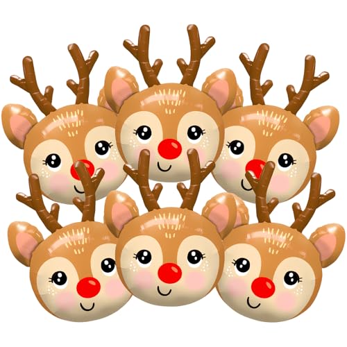 Reindeer Balloons Set - Christmas Foil Party Decor, Style 2, 6 Pieces