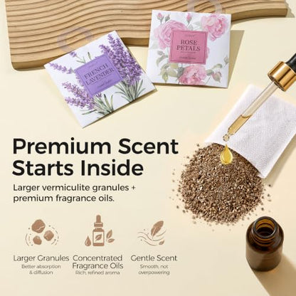 12 Pack Scented Sachets Assorted Fragrances for Small Spaces - Lavender, Vanilla, Lemon, Rose, Sandalwood, Linen - Double-Layer Leakproof Design