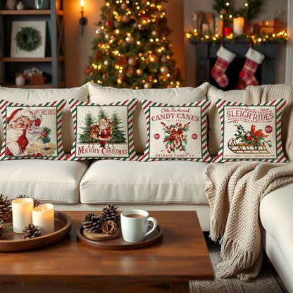 Christmas Pillow Covers 18x18 Set of 4 - Green Red Stripe, Farmhouse Decor