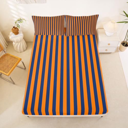 Kids Bed Sheet Set - Orange Navy Stripes, King Size, 4-Piece Bedding with Pillowcases
