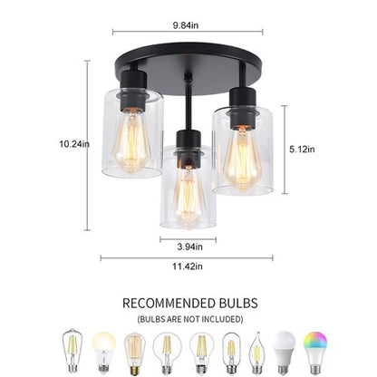 IHENGYANLT 3-Light Industrial Farmhouse Black Matte Light Fixtures Ceiling Mount, with Clear Glass Shades Semi Flush Mount Ceiling Light, for Hallway Fixtures Kitchen, Foyer