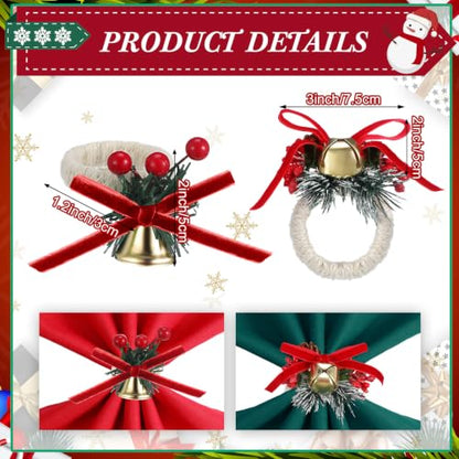 Christmas Bow Bells Polyester Napkins & Rings Set - Holiday Table Decor