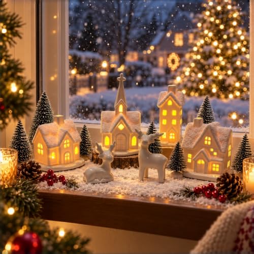Indoor Christmas Village Set - 13 Piece White Holiday Scene with Houses and Decor