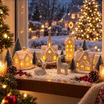 Indoor Christmas Village Set - 13 Piece White Holiday Scene with Houses and Decor