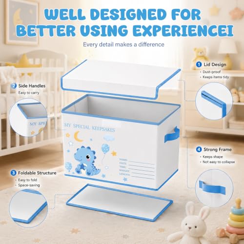 Baby Memory Keepsake Box 16x12x12 Inch Elephant Dinosaur Pattern - Blue