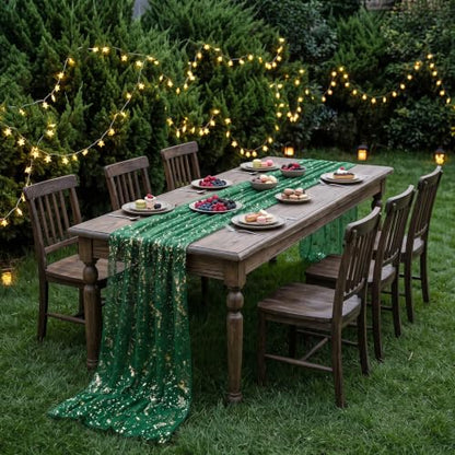Green Gold 10FT Sequin Sheer Table Runner for Wedding & Party Decor - Green / 28x120 Inches