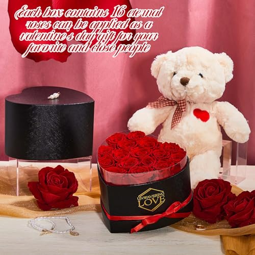 Preserved Roses Gift Set with Heart Box & Plush Bear - Romantic Flower Box