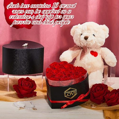 Preserved Roses Gift Set with Heart Box & Plush Bear - Romantic Flower Box