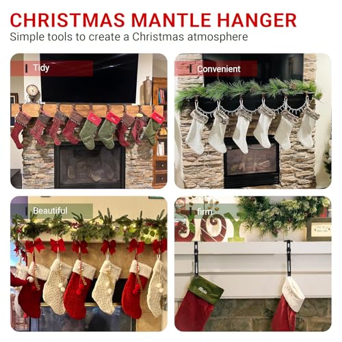 Heavy Duty 2-in-1 Fireplace Stocking and Garland Hanger - 6 Pcs, Adjustable No Drill Christmas Mantle Hooks