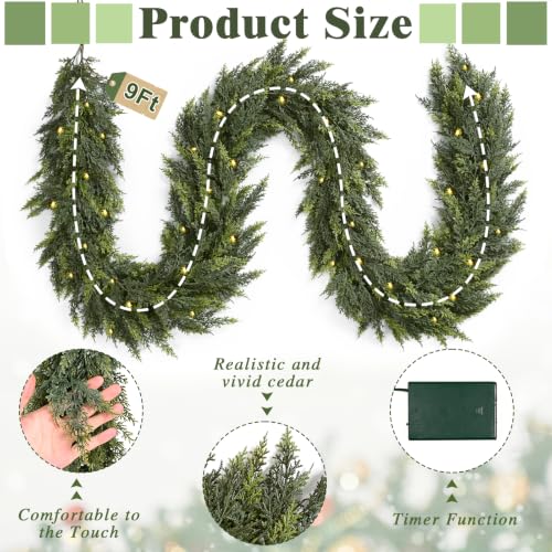 9FT Artificial Cedar Christmas Garland with Pre-Lit Warm LED Lights - Green / 9FT / 1 Piece