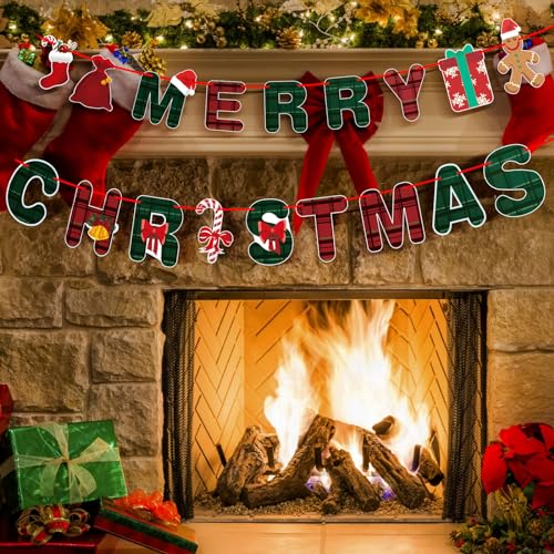 Christmas Banner Set with Gingerbread Socks Signs - Red & Green Holiday Paper Garland for Indoor Outdoor Decorations