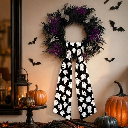 Halloween Ghost Wreath Sash Set for Front Door Decor - Black & White, 2 Pack