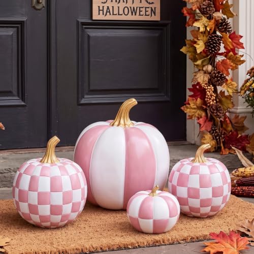 Pink and White Large Pumpkin Decor Set of 4 - Resin Checkered Halloween Ornaments