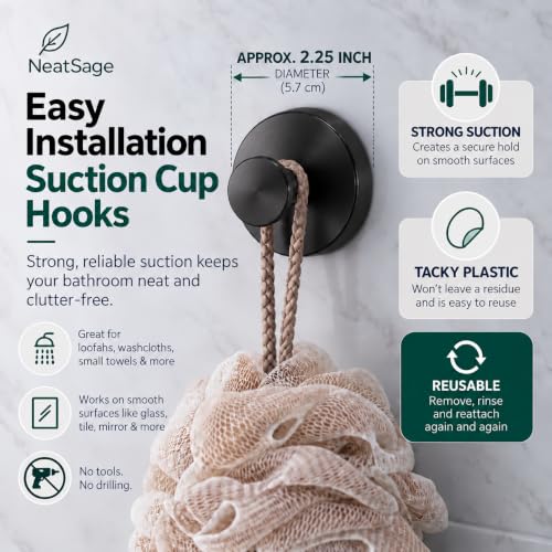 Black Suction Cup Hooks for Door Wreaths & Bathroom Accessories, 2-Pack