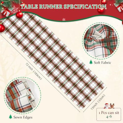Christmas Plaid Table Runners Set of 2 72x13 Inches Scottish Tartan Holiday Decor White Red Green Variation