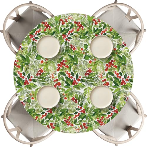 Fitted Christmas Tablecloth 45-56 Inch Round, Holly Fruits Green, 60 Inch