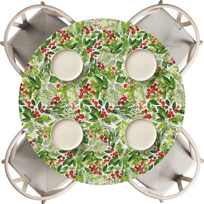 Fitted Christmas Tablecloth 45-56 Inch Round, Holly Fruits Green, 60 Inch