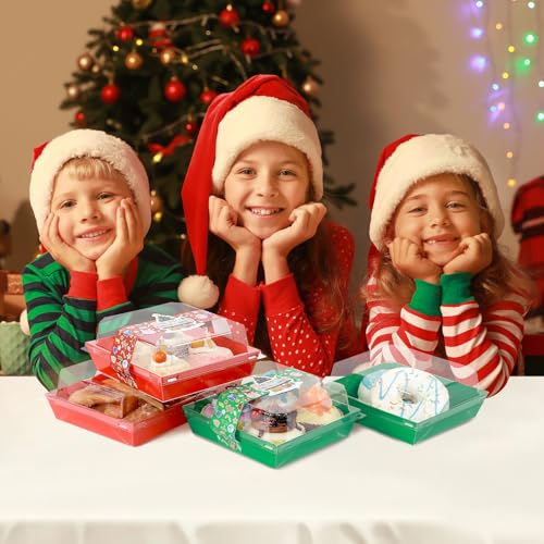 Christmas Charcuterie Boxes with Clear Lids & Stickers - Red Green 5.3x4.9x2.5 Inches, 100 Pack