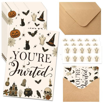 Halloween Invitations Set - Vintage Spooky Party Cards with Envelopes & Stickers, 25 Pack