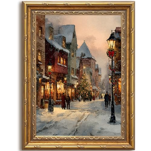 Christmas Wall Art Winter Village Decor 12x16 Gold Framed - Christmas Town Art