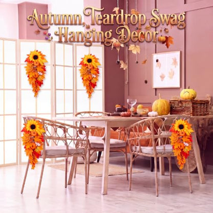 Cindeer 2 Pcs Fall Teardrop Swags for Front Door Decor Sunflowers Pumpkin