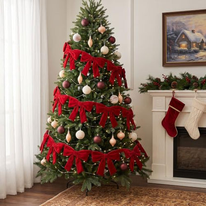 6 Ft Red Velvet Bow Garland for Christmas Decorations, Pre-Assembled Holiday Decor