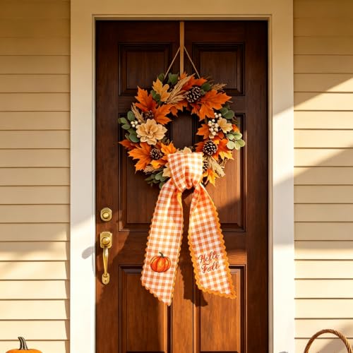Fall Wreath Sash with Watercolor Pumpkin and Plaid Pattern - 55.1" x 4.7"