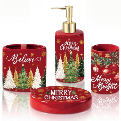 Christmas Ceramic Bathroom Accessories Set - Red Merry Christmas Variation