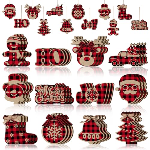 Christmas Buffalo Plaid Ornaments Set - Rustic Wooden Holiday Decor, Black Red Variation