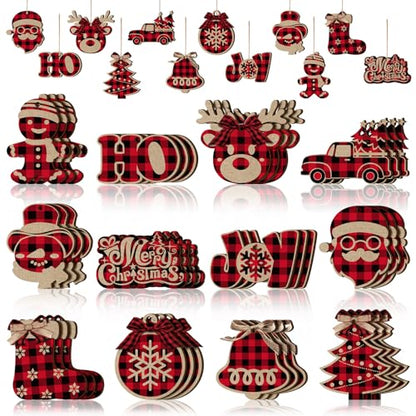 Christmas Buffalo Plaid Ornaments Set - Rustic Wooden Holiday Decor, Black Red Variation