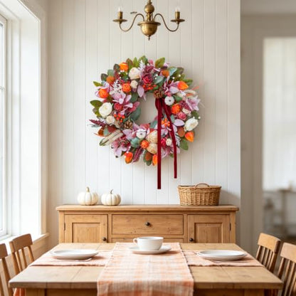 24 Inch Fall Door Wreath with Red Bow - Autumn Harvest Thanksgiving Decor
