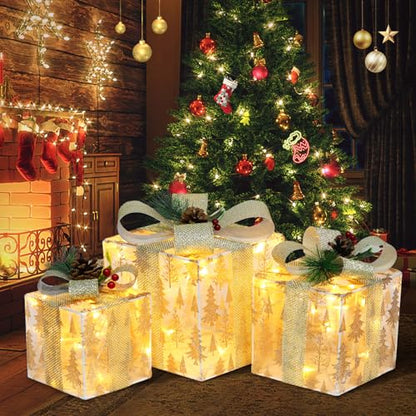 Nesting Christmas Lighted Gift Boxes Set of 3 with Metal Frame - Xmas Tree on Gauze Variation