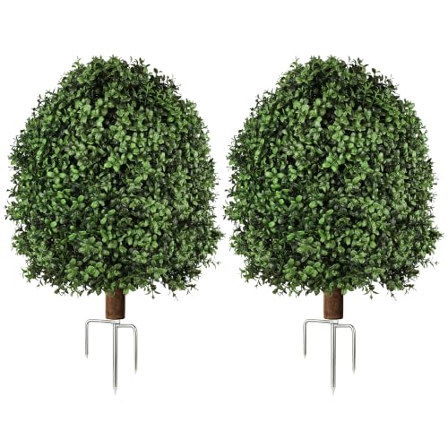 Artificial Boxwood Topiary Bush Set - 2 Pack 27 Inch Outdoor Faux Greenery with Metal Ground Spikes