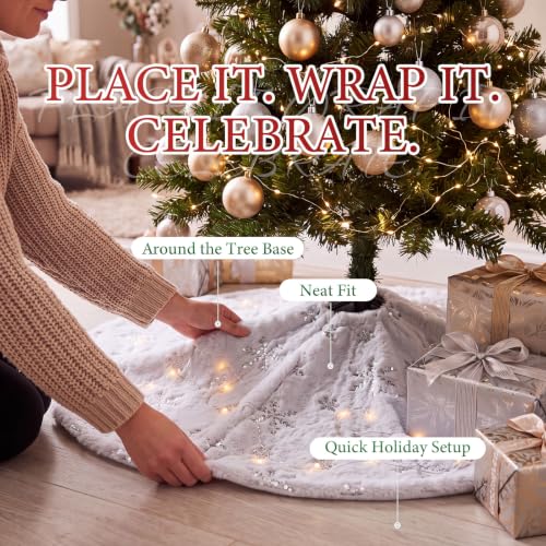 48 Inch White Faux Fur Christmas Tree Skirt with LED Fairy Lights - Silver Snowflakes