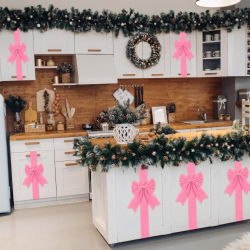 Pink Velvet Christmas Cabinet Bows Ribbons - 8 Pack, 78.7" Length, Easy Hook Installation
