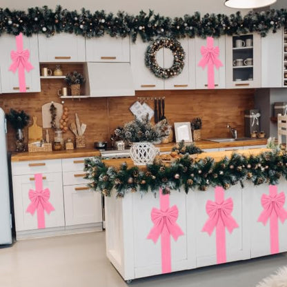 Pink Velvet Christmas Cabinet Bows Ribbons - 8 Pack, 78.7" Length, Easy Hook Installation