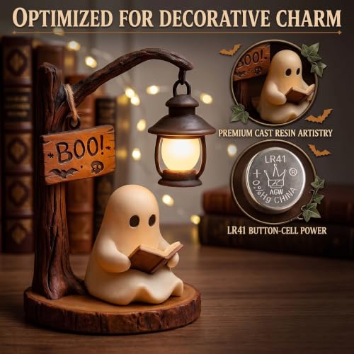 Halloween Ghost Figurine Night Light - Cute Resin Tabletop Decor with Warm LED
