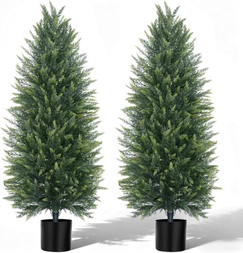 Artificial Topiary Cedar Trees 4Ft 2-Pack with Pots - Faux Garden Plants