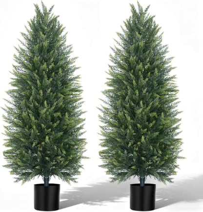 Artificial Topiary Cedar Trees 4Ft 2-Pack with Pots - Faux Garden Plants