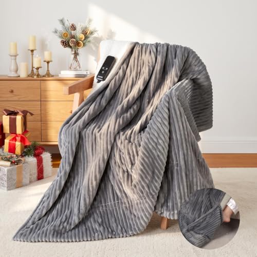 Garvee Light Gray Heated Blanket with Foot Pockets, 50x62 Electric Throw, Reversible Ribbed & Sherpa