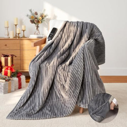 Garvee Light Gray Heated Blanket with Foot Pockets, 50x62 Electric Throw, Reversible Ribbed & Sherpa