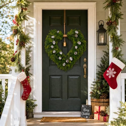 Green Heart Shaped Christmas Wreath with Gold Bells - 22 Inch Holiday Decor